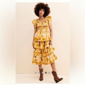 Anthropologie Yellow and White Ruffled Midi Dress